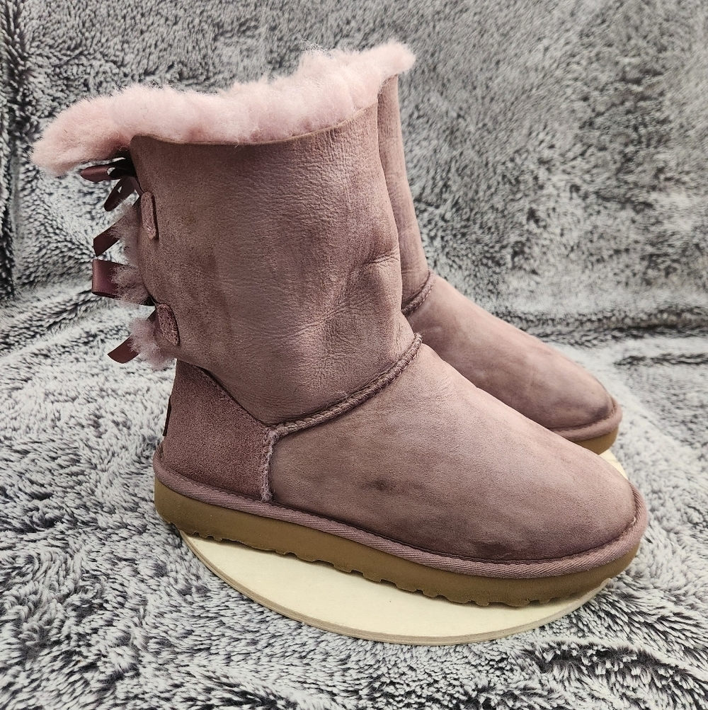 UGG Bailey Bow II Purple/Shadow Leather Sheepskin Boots Women's Size 7